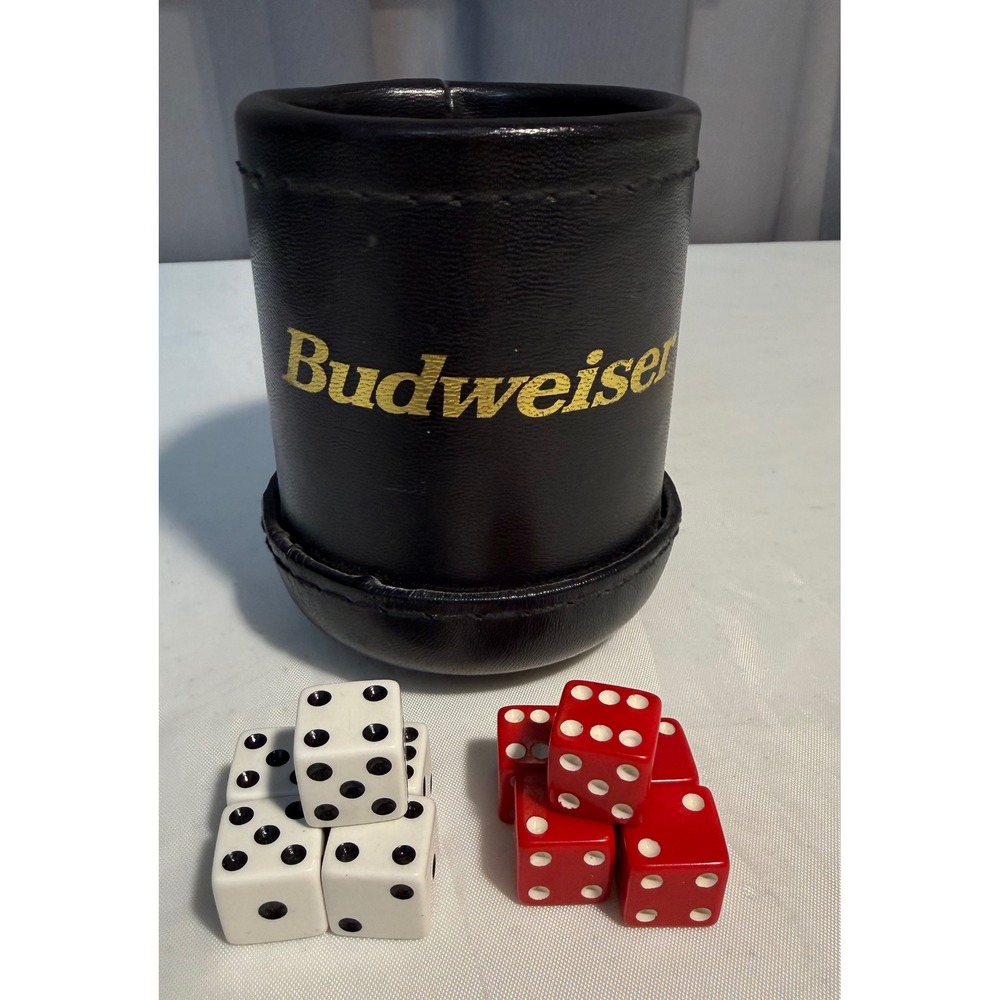 Vintage Budweiser Black Leatherette Dice Cup Set with 10 Red and White Dice